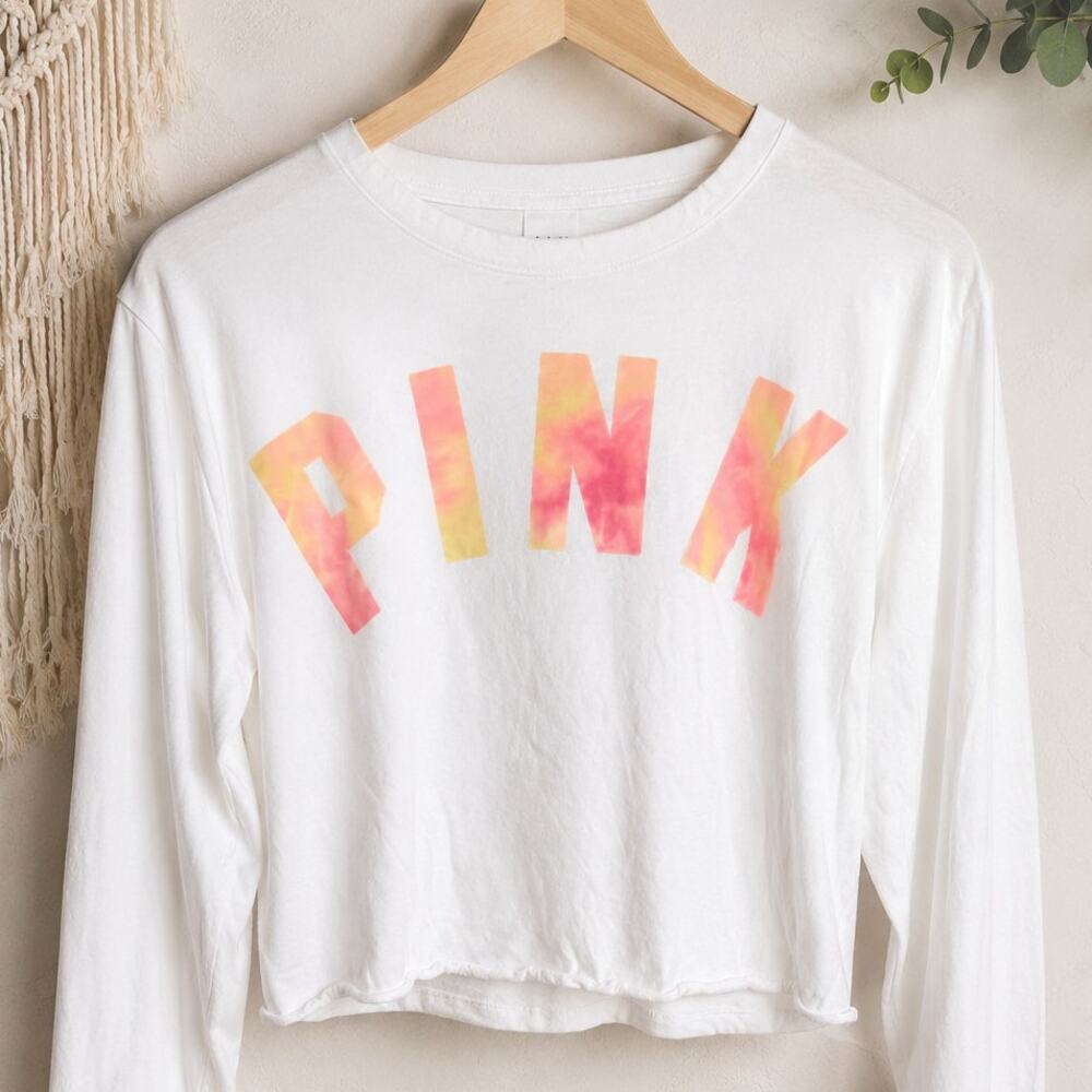 PINK Victoria's Secret Tie Dye Logo Crop Long Sleeve Lace Up Back Tee White Med